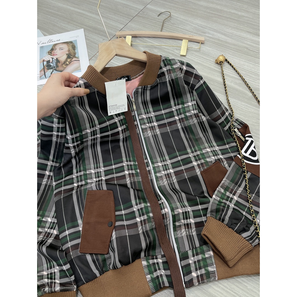 [ảnh thật-sẵn] Áo khoác bomber kẻ phối bo về màu siêu đẹp