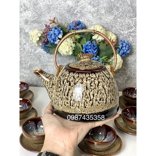 Ấm chén hoả biến gấm hoa nở gốm Bát Tràng