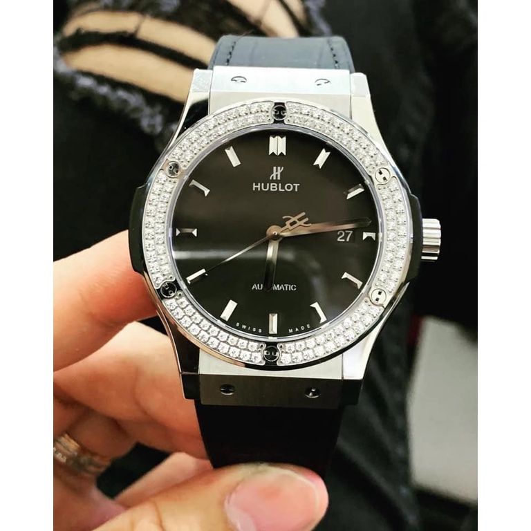 Đồng hồ Hublot Nam đính đá kép 2 vành đá máy cơ automatic mặt đen vỏ trắng 42mm dây da, dây cao su