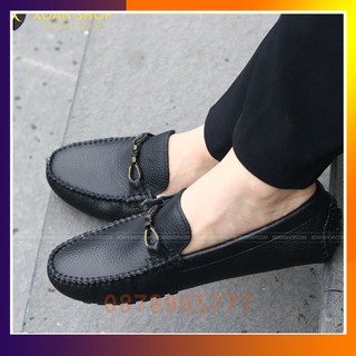 Giày Lười Mọi Nam Việt Nam - Da Bò 100%, Không Nổ Da, Đế Cao Su Đúc Khâu - M001 Màu Đen Tuyền.