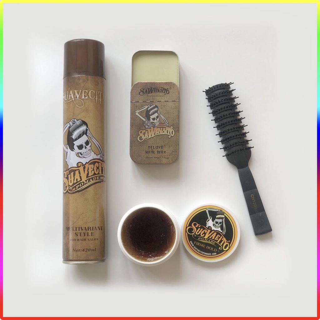 Combo Gôm Xịt Tóc Suavecito 420ml + Sáp Vuốt Tóc Sawensito + Wax Suavecito Firme + Lược Tạo Kiểu Tóc Chaoba CH1200