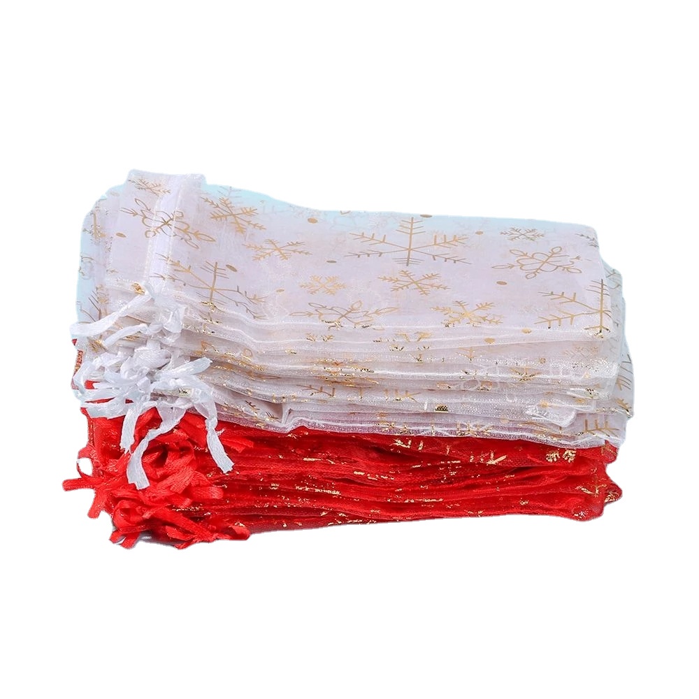 Set 10 Túi Rút Đựng Kẹo Bằng Vải Organza Màu Vàng / Bạc Họa Tiết Bông Tuyết Xinh Xắn