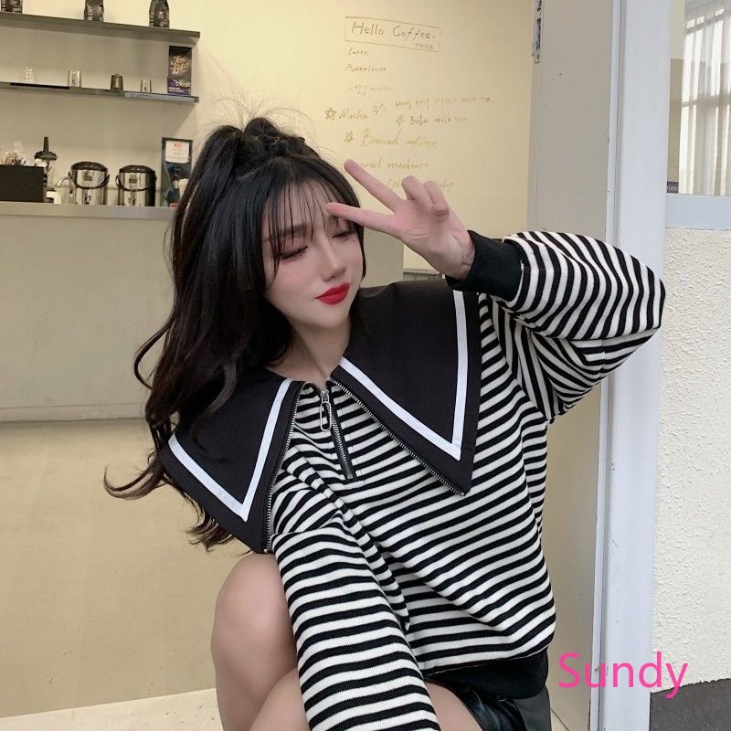 Áo Hoodie Tay Dài Cổ Thủy Thủ Kẻ Sọc Thời Trang Mùa Thu Phong Cách Hàn Quốc Dành Cho Bạn Gái