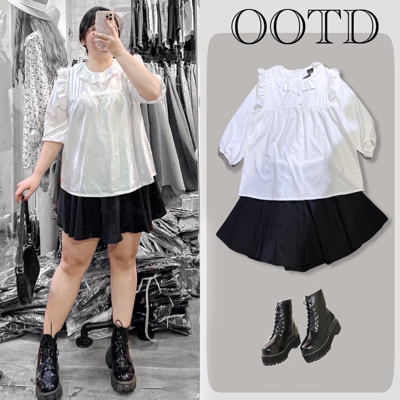 Set bigsize áo cổ bèo chân váy xoè