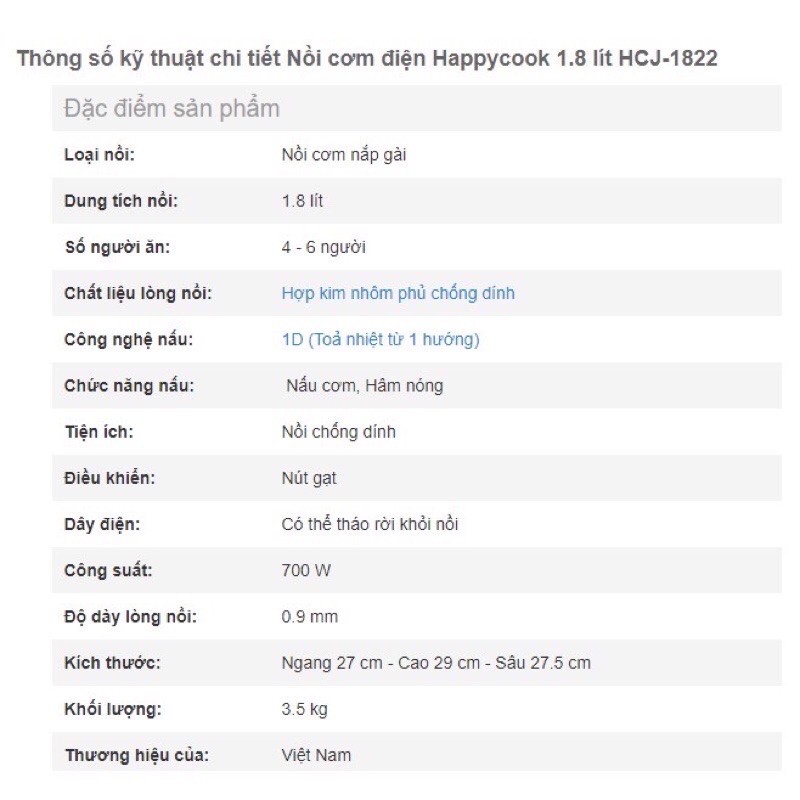 Nồi cơm điện Happy Cook 1,8L HCJ - 1822