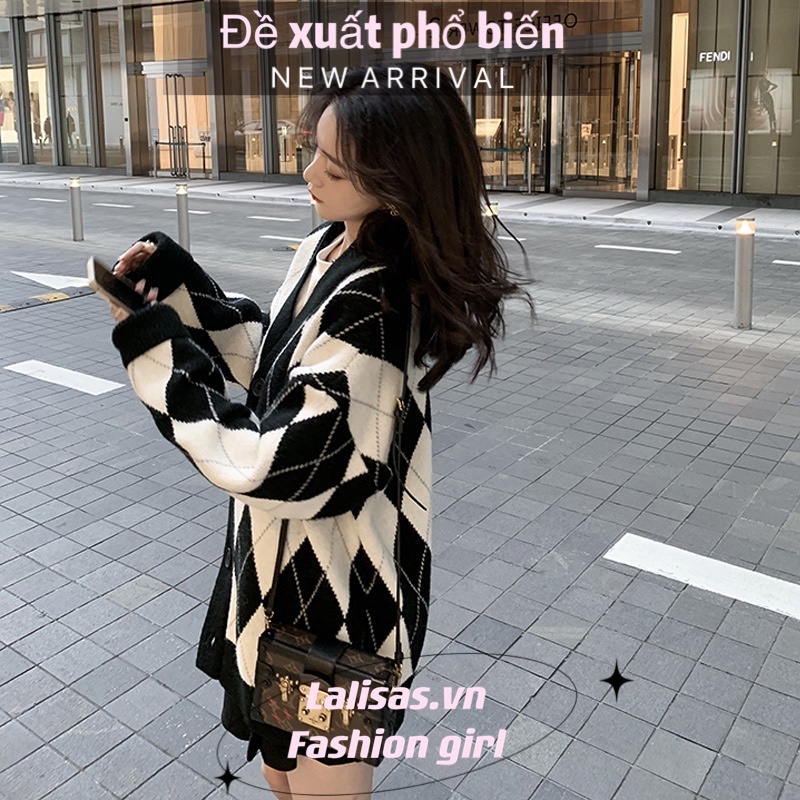 Áo Khoác Cardigan Dáng Rộng Họa Tiết Kim Cương Phong Cách Thời Trang Hàn Quốc