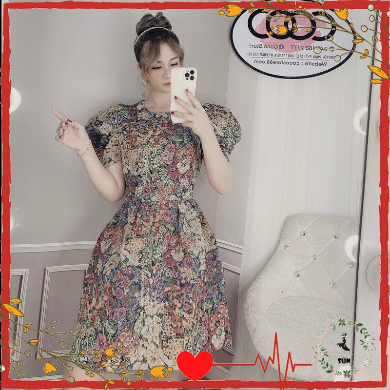 Váy đầm vải bố thêu hoa Thiết kế tay phồng có dây buộc nơ lưng dáng xòe bồng thời trang ulzzang Hàn quốc CC