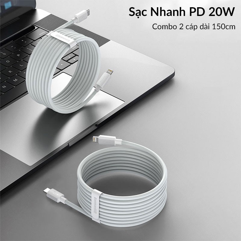 Combo 2 Cáp Sạc Nhanh iPhone Type C to Lightning Baseus Simple Wisdom Hỗ Trợ PD 20W, 18W, Dài 150cm, Chống cháy