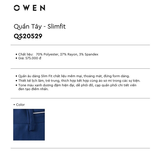 Quần Âu Nam Quần Tây Công Sở Cao Cấp Owen QS20529 Dài Chân Dáng Slim Fit Màu Xanh Đậm Vải Polyester