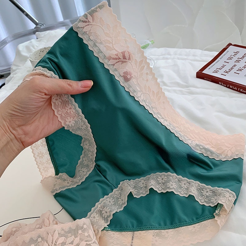 Quần Lót Lụa Lạnh Phối Ren Lưng Cao Cỡ Vừa Thời Trang Cho Nữ