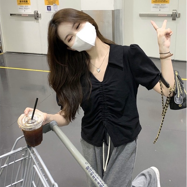 Áo Thun Tay Phồng Ngắn Cổ Chữ V Dáng Rộng Phối Dây Rút Thời Trang Mùa Hè Cho Nữ