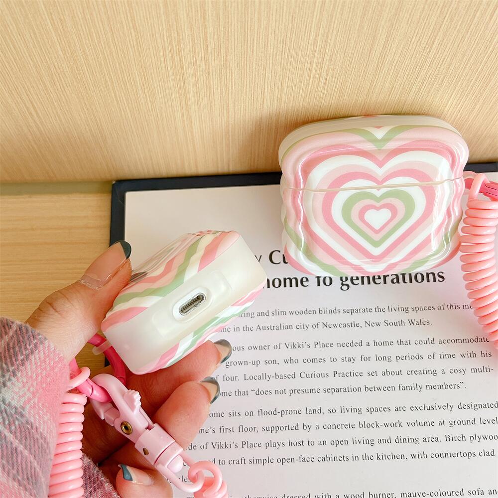 Vỏ Bảo Vệ Hộp Sạc Tai Nghe Bluetooth AirPods 1 2 pro 3 2021 Bằng Silicon Tpu Mềm Họa Tiết Trái Tim Lượn Sóng Màu Hồng Dễ Thương
