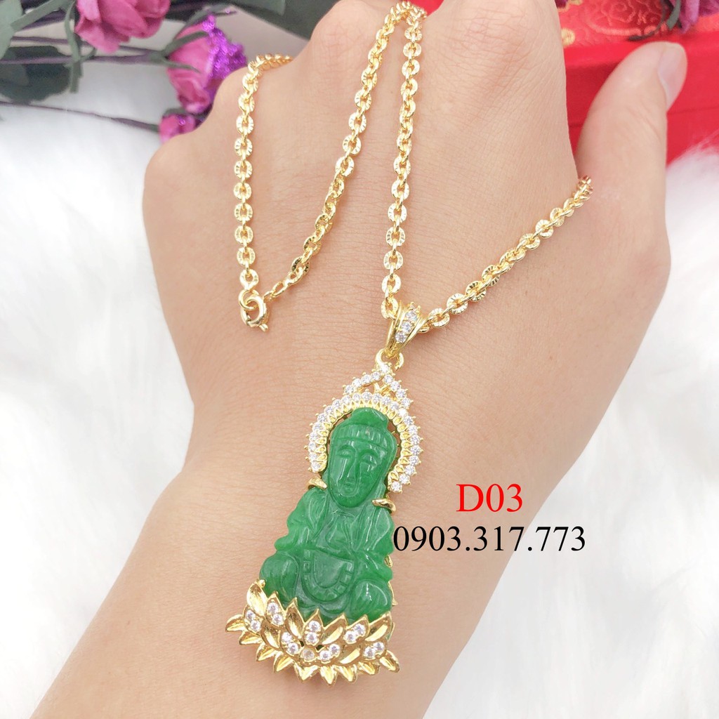 Dây chuyền nữ dây chuyền chữ cong kèm mặt mẹ quan âm đá xanh tự nhiên đính hột cao cấp Nora D03