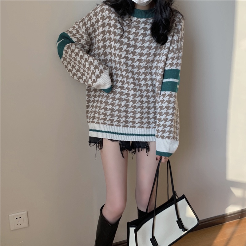 kumivn áo len họa tiết nanh sói nâu phối kẻ tay dáng rộng ulzzang Hàn Quốc