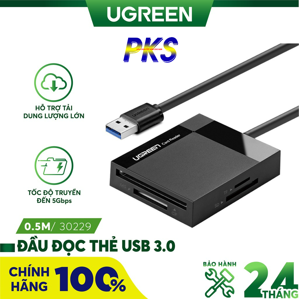 Đầu đọc thẻ USB 3.0 hỗ trợ thẻ TF/SD/CF/MS dài 0.5m chính hãng UGREEN 30229