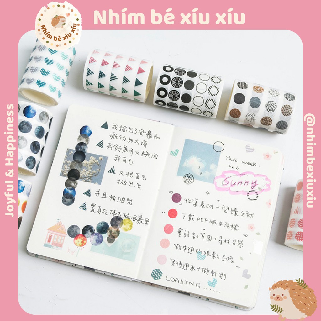 Cuộn sticker chấm tròn/hình khối/hoa/trái tim/thiên hà/bầu trời 12mm VT87