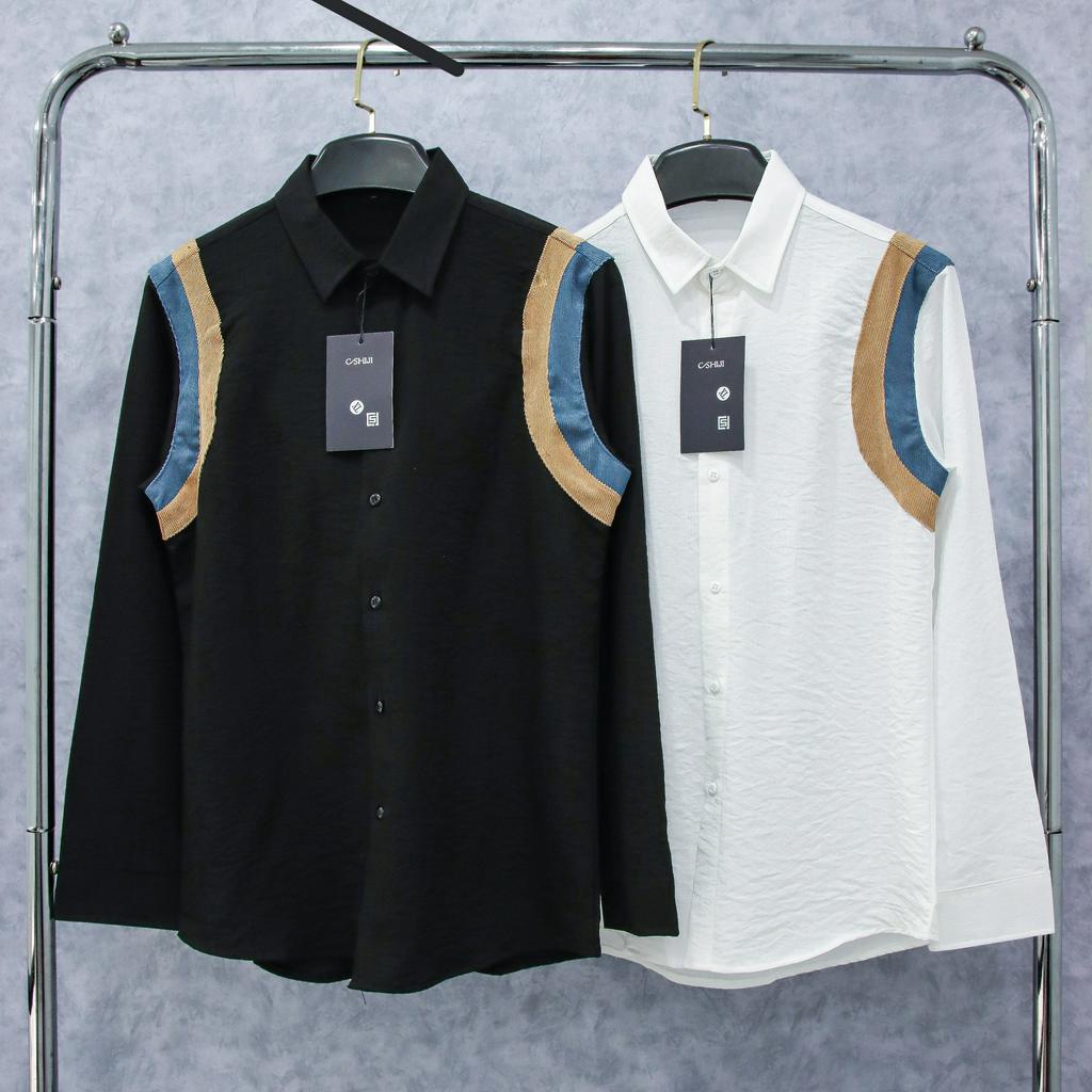 Áo sơ mi nam vãi đũi phối họa tiết bảnh