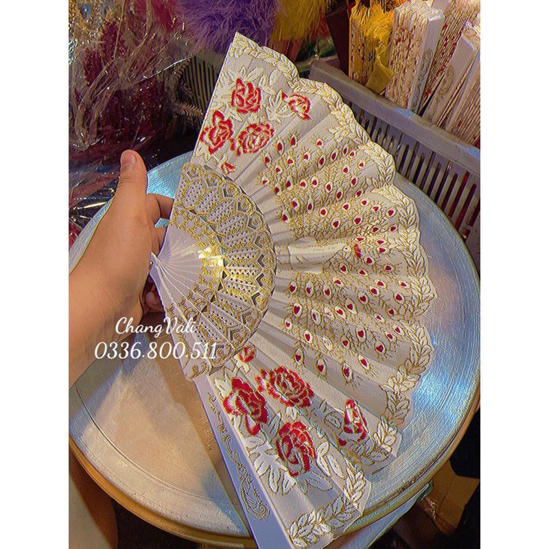 Quạt vải,quạt kim sa,quạt công trang trí oản tài lộc