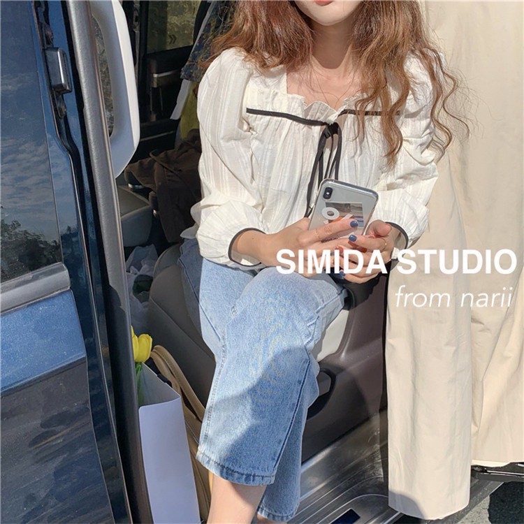Áo sơ mi nữ tay dài NARII áo babydoll trắng Ulzzang Hàn nơ bèo viền | BigBuy360 - bigbuy360.vn