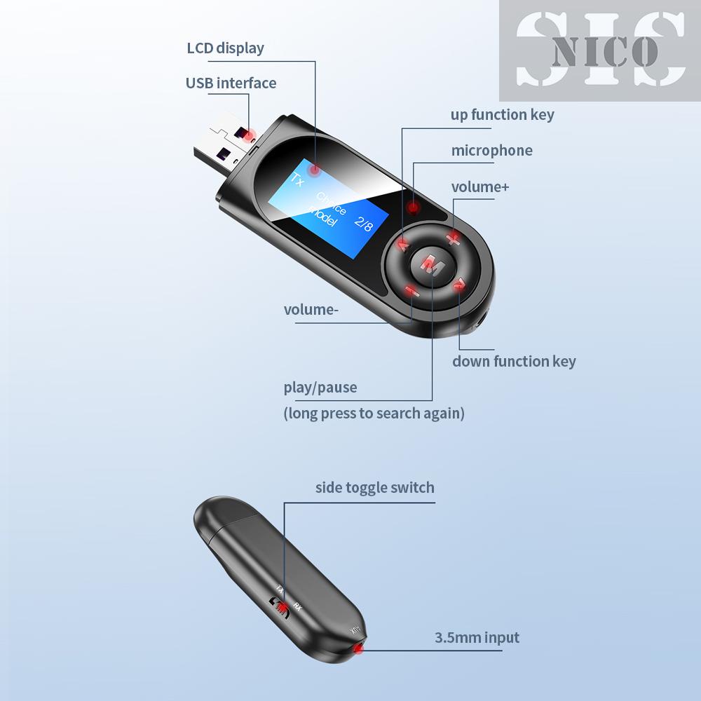 Bộ Chuyển Đổi Âm Thanh Bt 5.0 Màn Hình Lcd 2 Trong 1 + Bộ Chuyển Đổi Bt 8 Thiết Bị Màu Đen | BigBuy360 - bigbuy360.vn