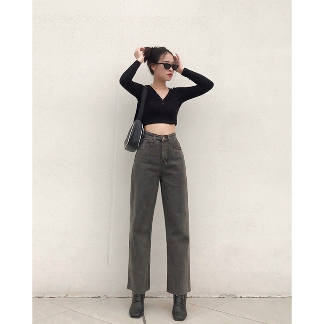 Quần Lya Jeans Suông Xám Rách Gấu