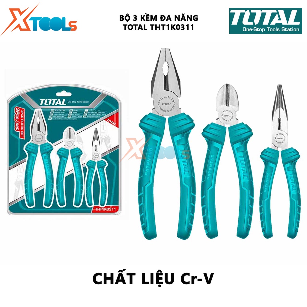 Bộ 3 kìm điện, kìm cắt, kìm mũi nhọn TOTAL THT1K0311 | bộ kềm đa năng gồm ba loại răng 7&quot;, mũi dài 6&quot;, cắt 6&quot;, đầu kềm đ