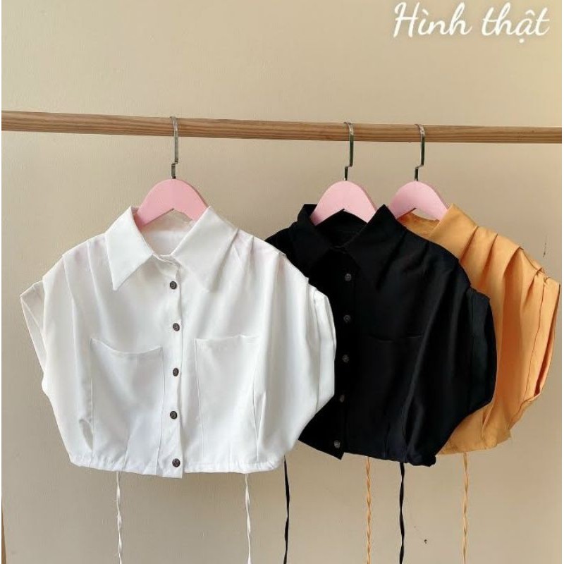 Áo sơ mi croptop chất vải tuyết mưa hàng y hình chính chủ ( free size từ 40-53kg)