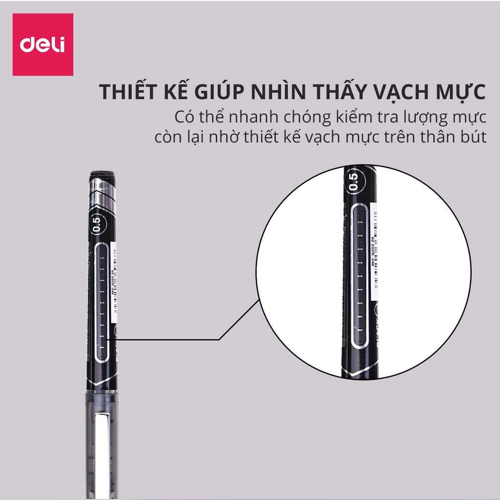 Bút ký mực gel xanh đen ngòi 0.5mm Deli nhanh khô nét viết đều đẹp lâu hết mực thân bút trong suốt kiểm tra lượng mực