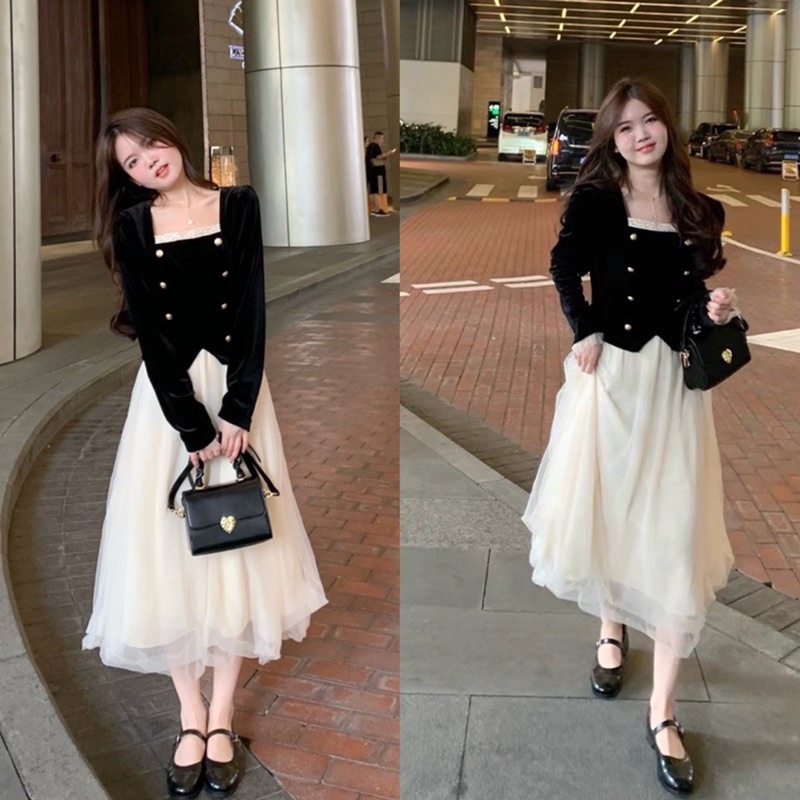 Set Áo Nhung Tiểu Thư Mix Chân Váy Voan Tơ Siêu Xinh Có Ảnh Thật Kèm Video