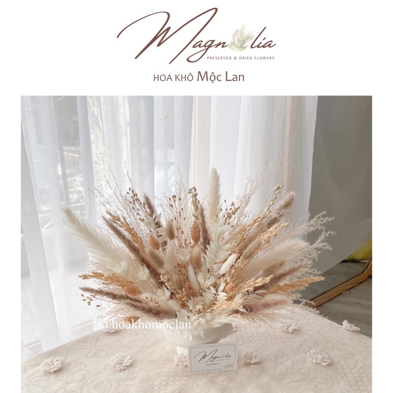 Chậu hoa khô nâu kem cao cấp phong cách bắc âu trang trí phòng khách sang trọng
