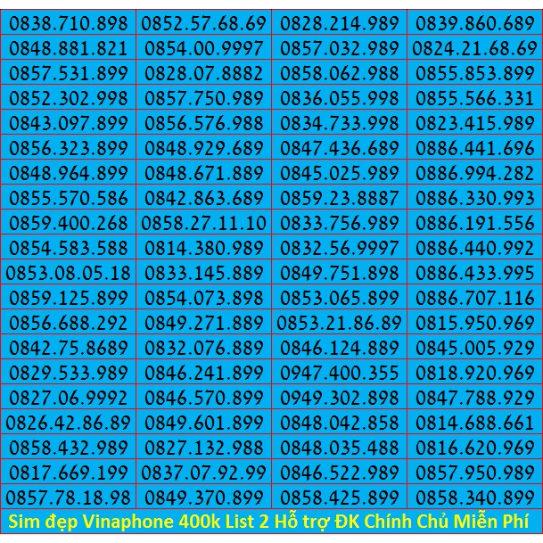 Số đẹp VINA Giá Rẻ 400k List 2 Miễn Phí Đăng ký Chính Chủ Được Hưởng Nhiều Gói Khuyến Mãi Của Vinaphone