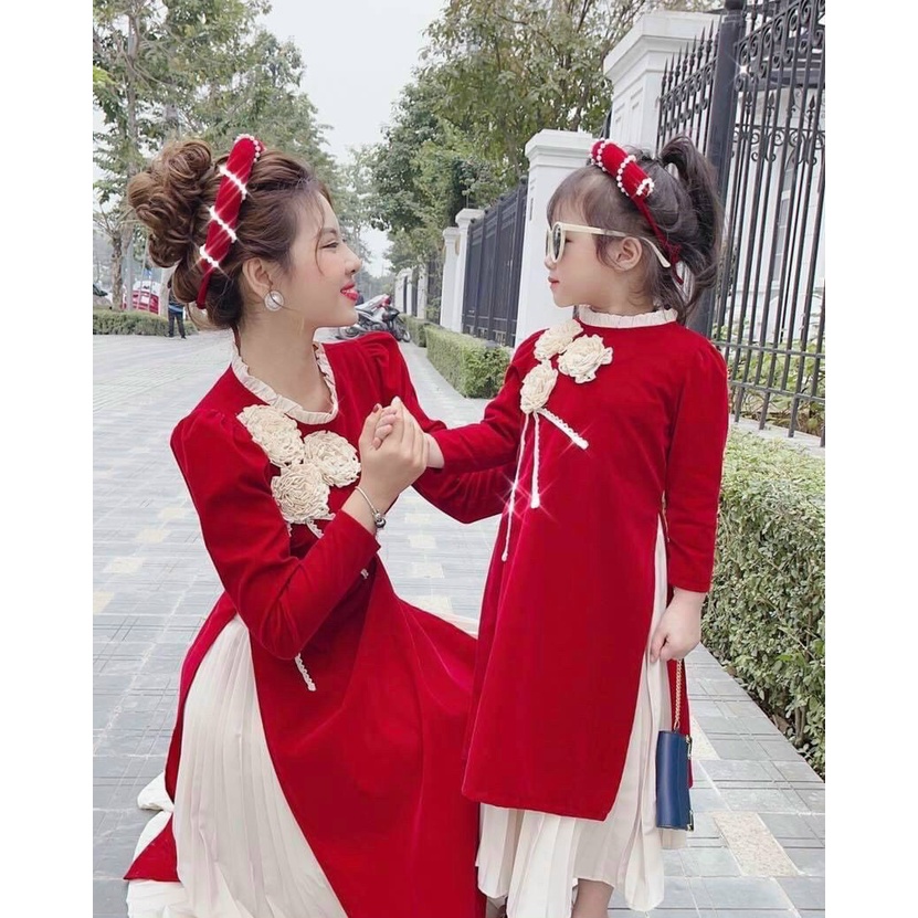 Áo dài cách tân cho bé size dưới 25kg và mẹ dưới 55kg chất liệu umi co giãn kèm chân váy dậ