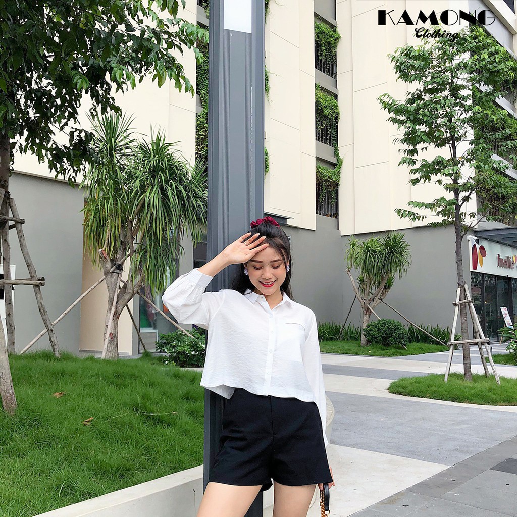 Áo sơ mi croptop lai lượn túi kiểu KAMONG