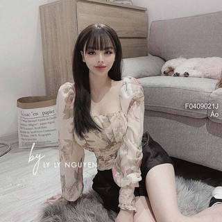Áo voan hoa nhúm eo cổ vuông tay dài!