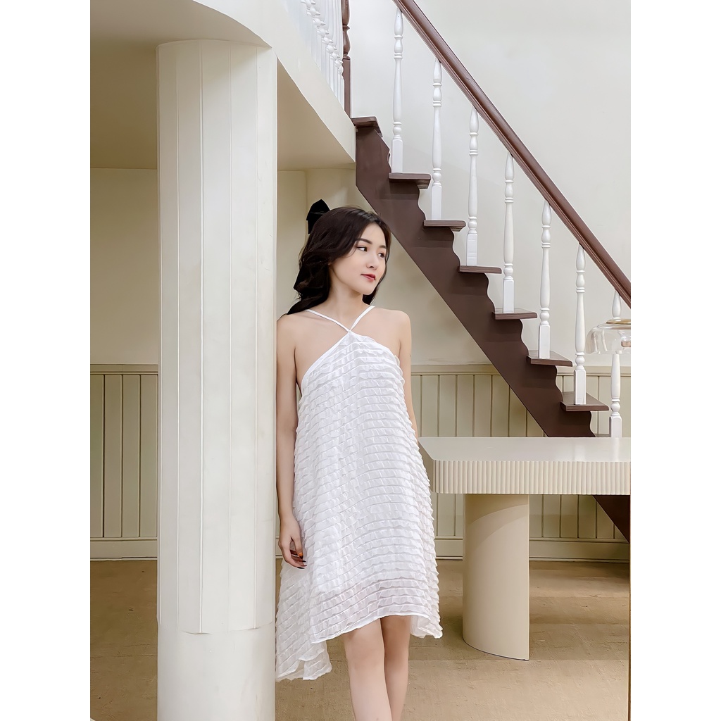 Váy cổ yếm nữ hai dây [2 lớp] Dáng xòe chất von họa tiết V-VHD3