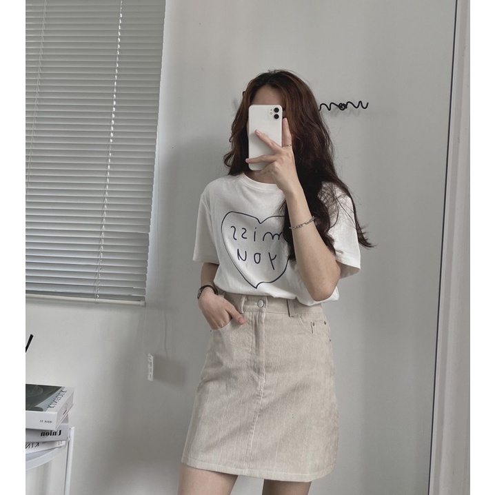 Áo phông chữ missyou mix chân váy jean Melimeli
