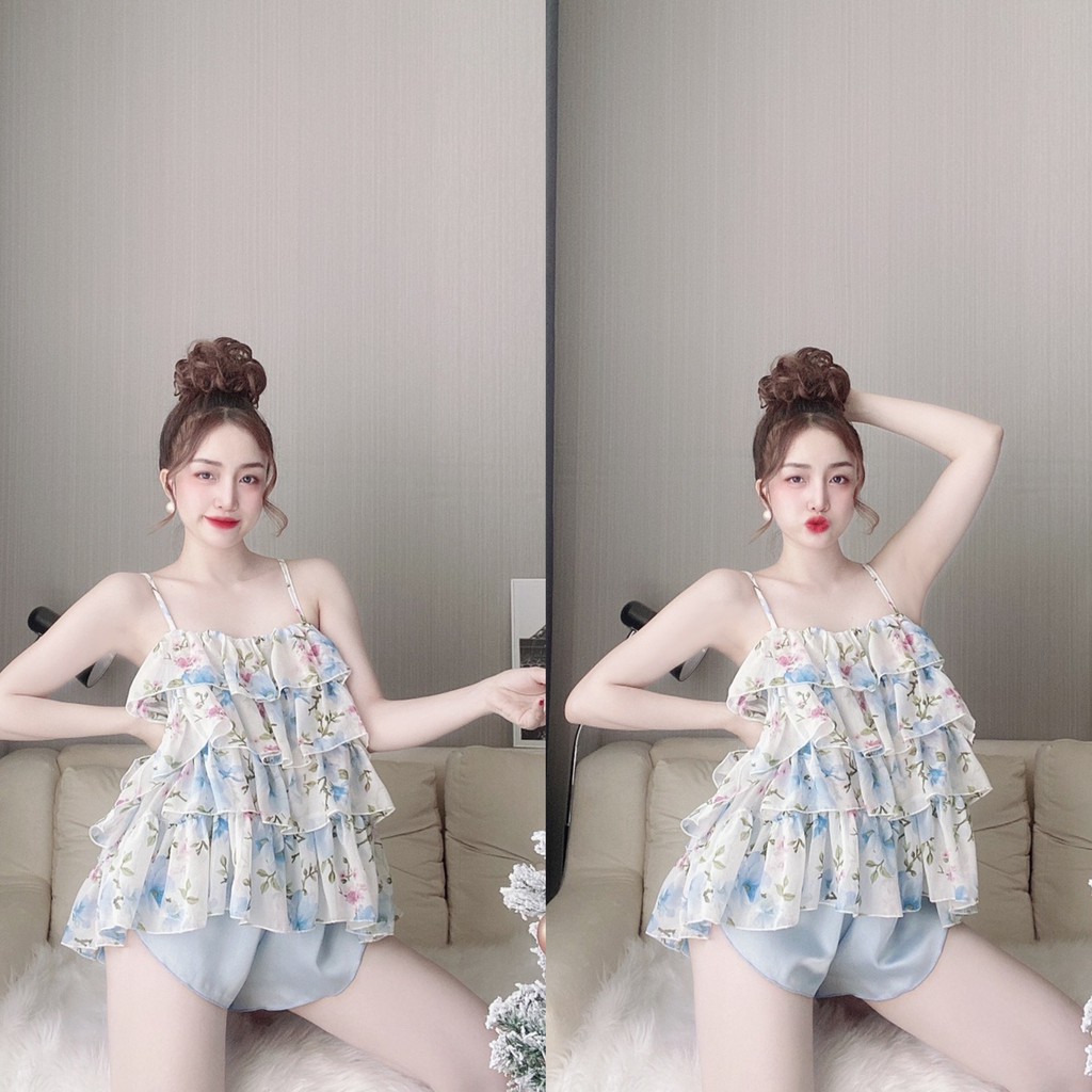 Bộ Đồ Ngủ 2 Dây Sexy Voan Tơ Tầng Phối Quần Satin FREESHIP | BigBuy360 - bigbuy360.vn