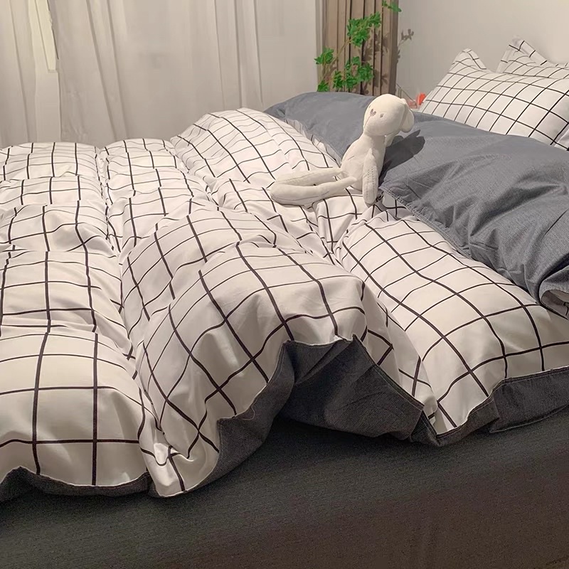 Set Bộ Vỏ Chăn Ga Cotton Poly Ô Vuông Trắng _ shinbedding