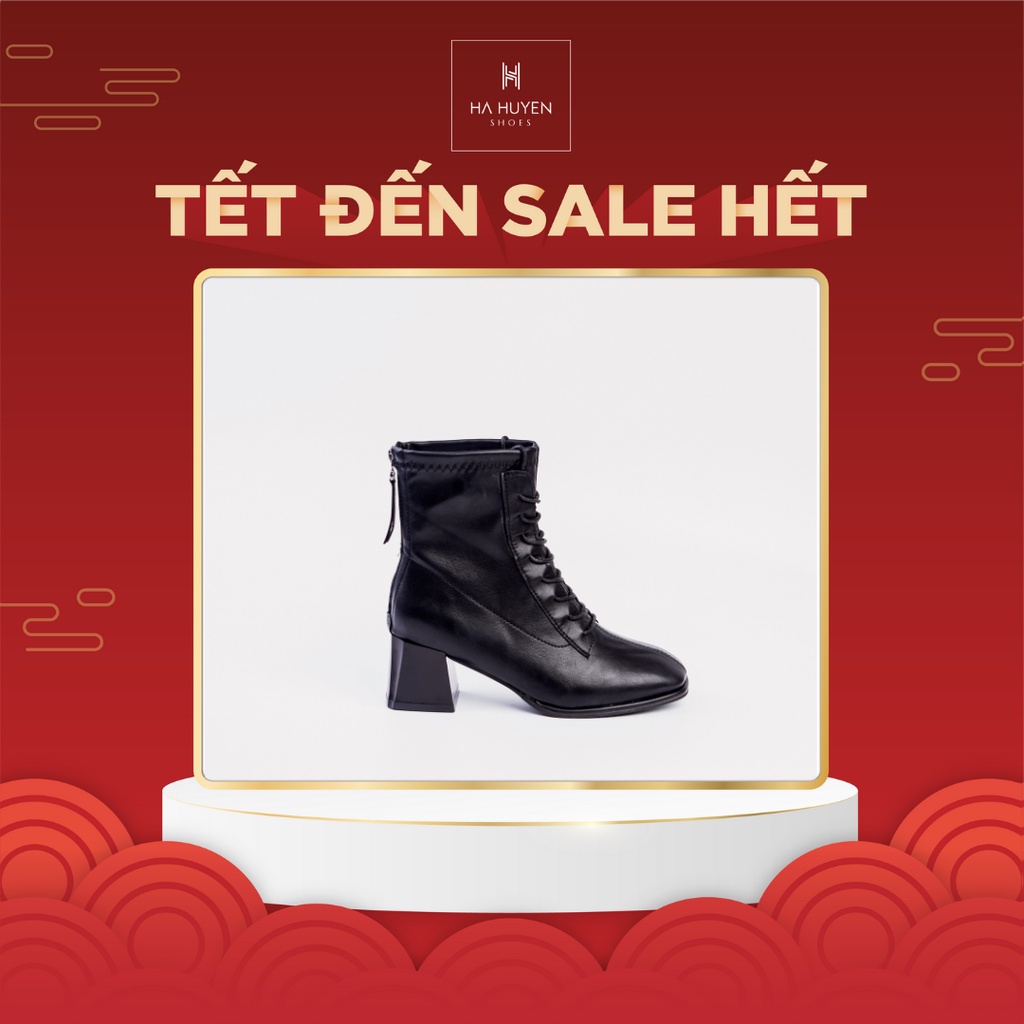 Giày boot nữ Hà Huyền Shoes bốt da mũi tròn buộc dây gót vuông 5 phân trẻ trung - BT296