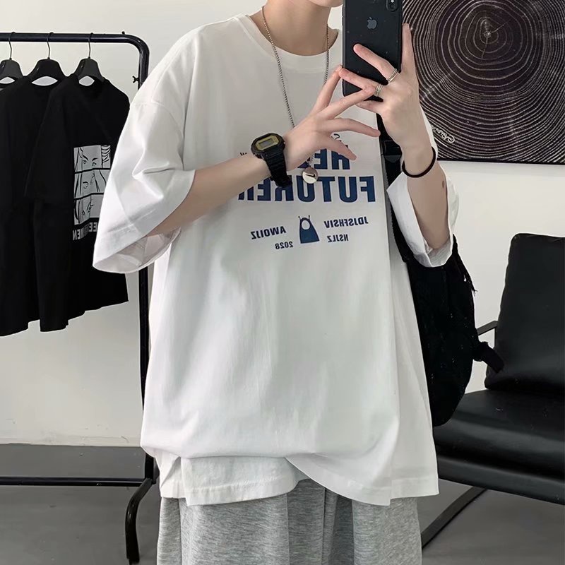 Áo thun tay ngắn cổ tròn dáng rộng in chữ Graffiti phong cách Nhật Bản thời trang cho nam size S-8XL