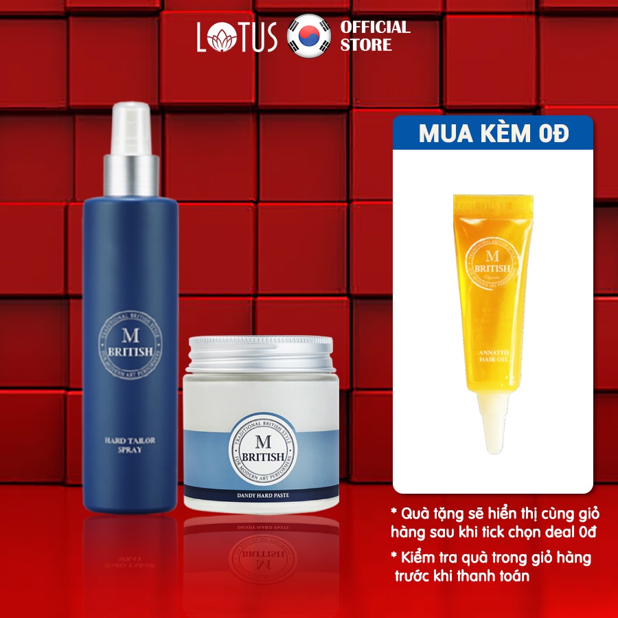 Combo Sáp vuốt tóc BRITISH M Dandy Hard Paste 100g và Gôm(keo) xịt tóc cho nam nữ BRITISH M Hard Tailor Spray 250ml