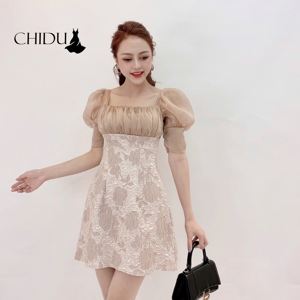 [Mã WARN60 hoàn 15% xu đơn 300k] CHIDU Váy công sở chun ngực tôn dáng, váy xoè gấm pha tơ tay bồng nữ tính SP131 | BigBuy360 - bigbuy360.vn