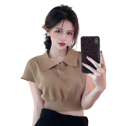 QKOOLE  Áo thun ôm cổ bẻ phong cách Hàn Quốc cho nữ