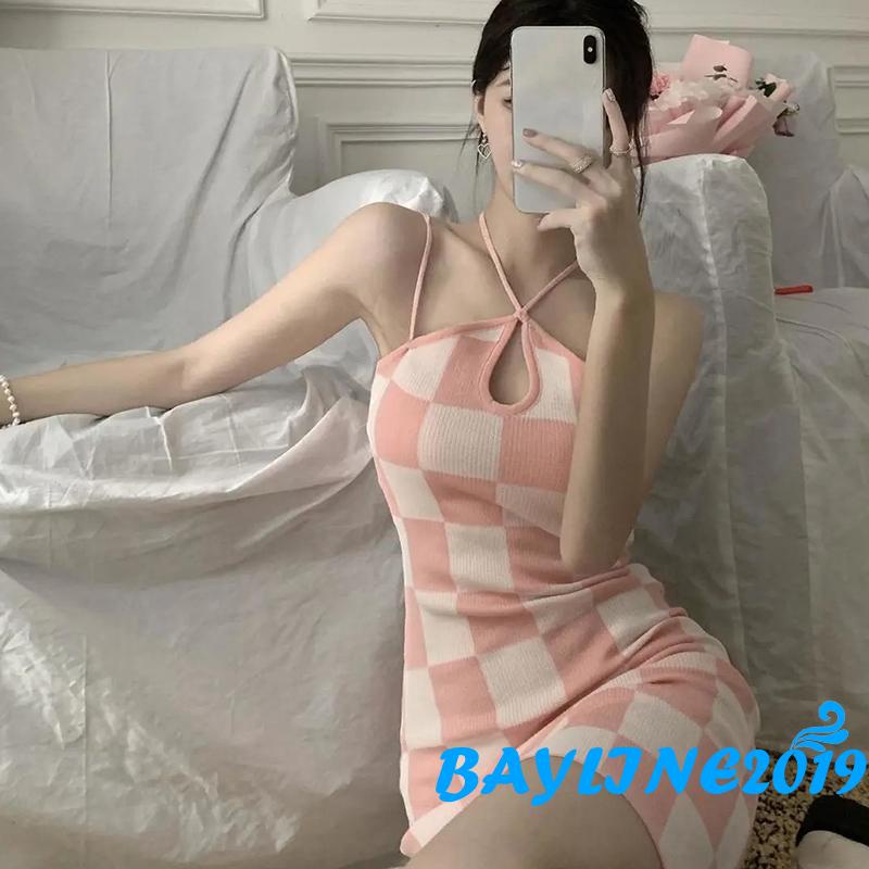 Váy body không tay họa tiết caro quyến rũ cho nữ