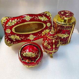 [Sỉ] Combo gạt tàn, hộp giấy, ống tăm màu đỏ hợp kim mạ vàng sang trọng phong cách Châu Âu đẹp