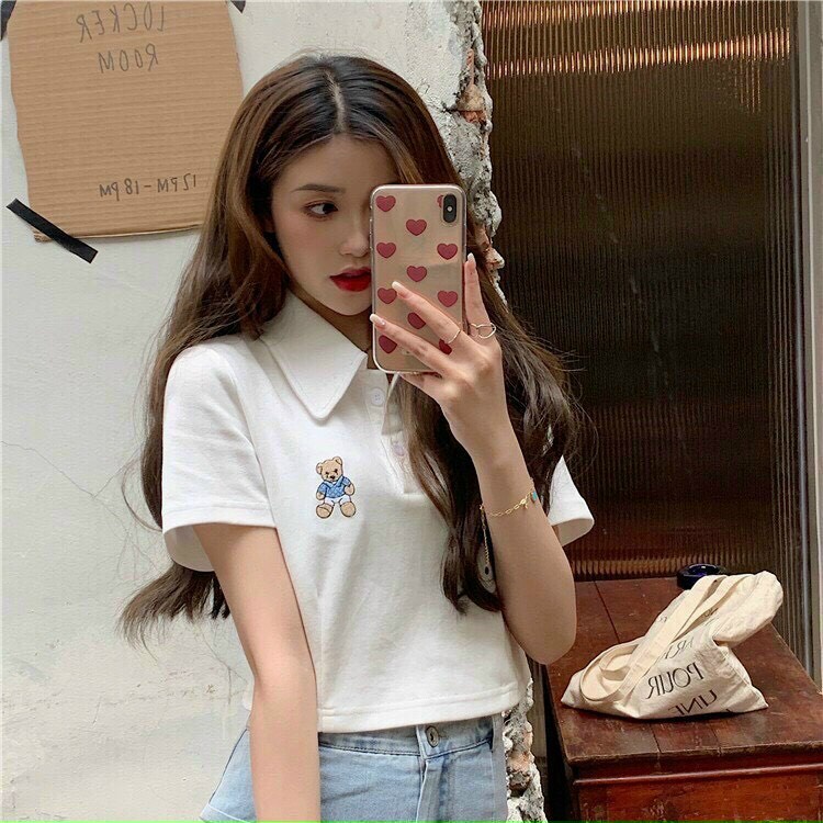 ÁO CROPTOP NỮ CỔ POLO PHỐI CON GẤU MÀU ĐEN MÀU TRẮNG SIÊU MÁT MẺ CỰC PHONG CÁCH BABO HOT HIT THỜI TRANG