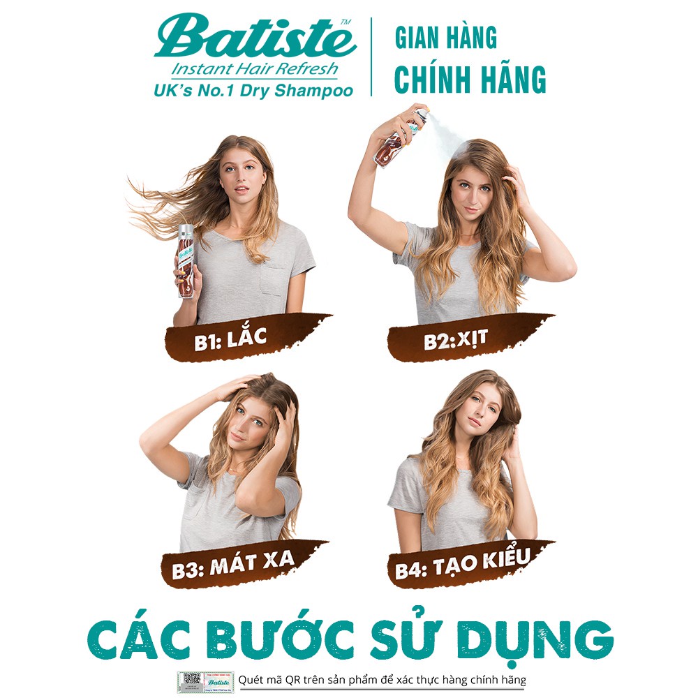 Dầu Gội Khô Batiste - Dầu Gội Dầu Khô Dry Shampoo - Xịt Tóc Khô Bồng Bềnh Tức Thì 200ml