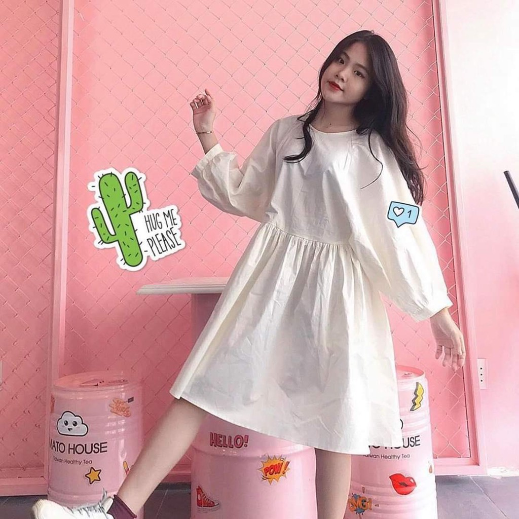 (new) VÁY BABYDOLL OVERSIZE TAY PHỒNG ĐEN TRẮNG - ĐẦM NỮ XOÈ TRƠN 2 MÀU ULZZANG