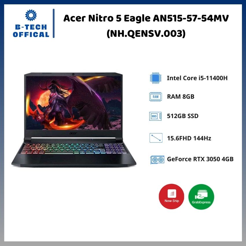 [ TẶNG VOUCHER 150K ] Laptop Acer Nitro 5 Eagle AN515-57-54MV (NH.QENSV.003)/ Black/ Intel Core i5-11400H