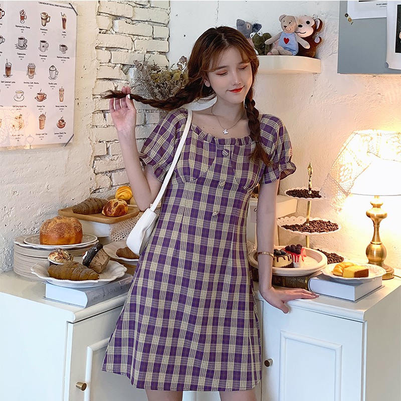 Đầm Nữ Tay Ngắn Cổ Vuông Họa Tiết Caro Thời Trang | BigBuy360 - bigbuy360.vn